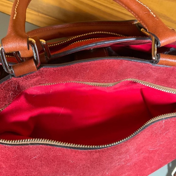 Dooney & Bourke Suede Zip Satchel Crossbody Bag Red Double Handle Pockets Footed - Picture 6 of 11